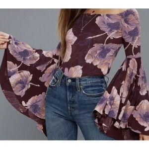 We The Free Purple Floral Bell Sleeve Off Shoulder Top Size S